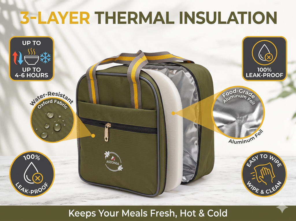 ASTONIA Premium Insulated Thermal Lunch Tote Bag – 9L Waterproof Tiffin Bag for Office & Daily Travel (Olive Green)