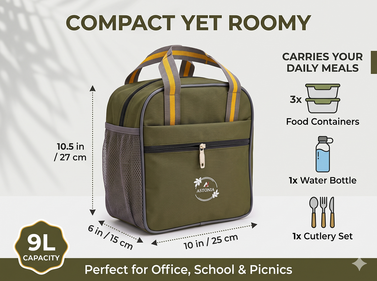 ASTONIA Premium Insulated Thermal Lunch Tote Bag – 9L Waterproof Tiffin Bag for Office & Daily Travel (Olive Green)
