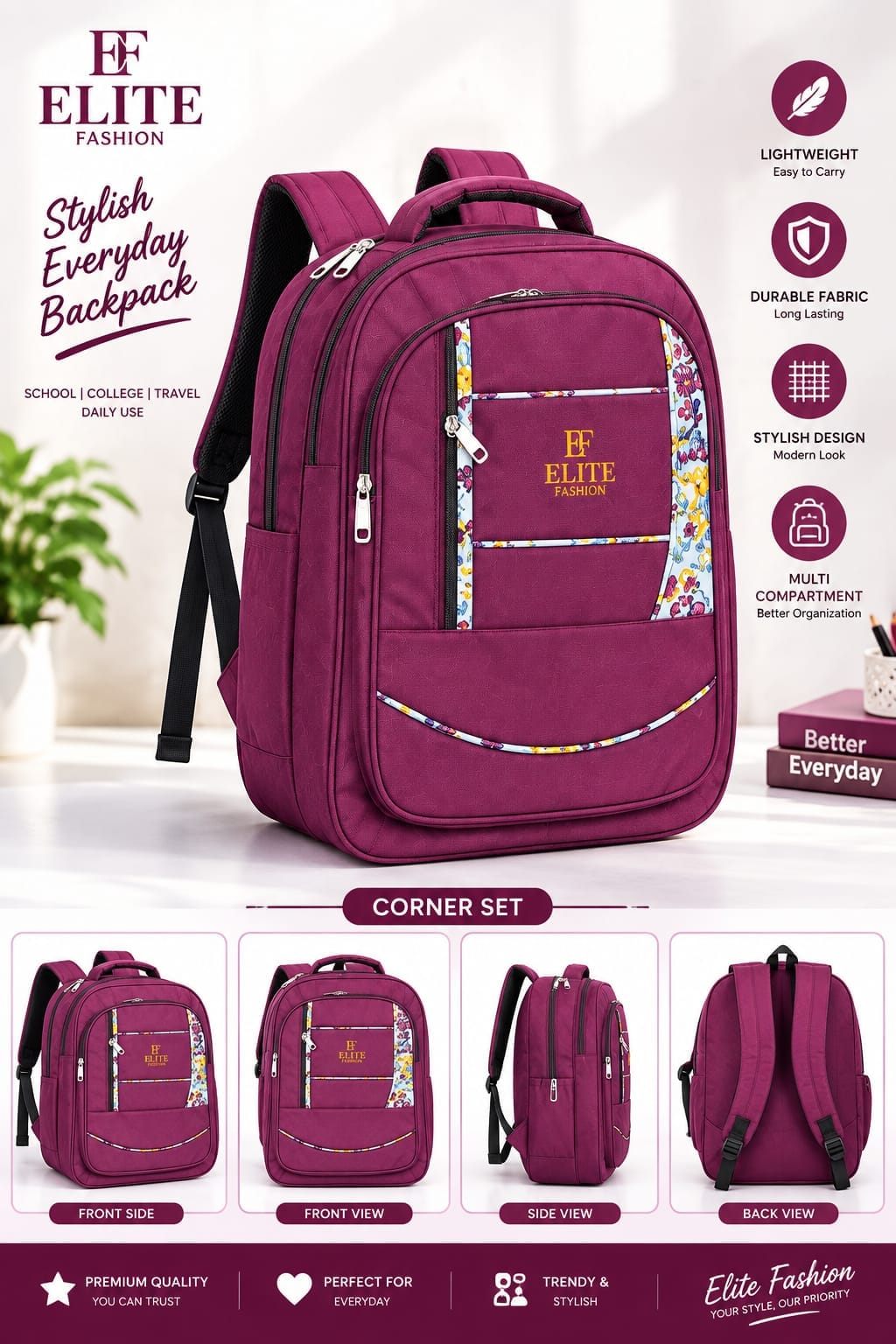 Elite Fashion Maroon Backpack for Women & Girls | Stylish Floral Design School, College & Travel Bag