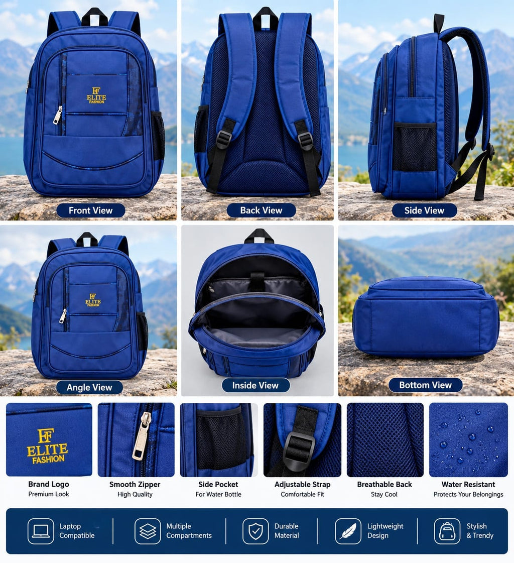 Elite Fashion Blue Backpack for Men & Women | Stylish Multi-Compartment School, College, Office & Travel Bag