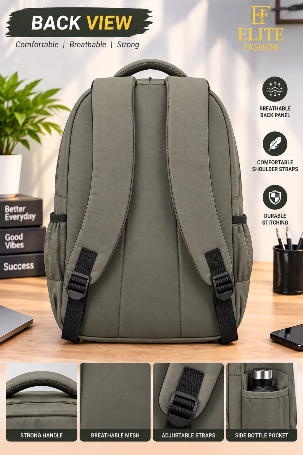 ELITE FASHION Multi-Compartment Casual Backpack – Stylish Floral Accent Daypack for College, School & Everyday Travel (Grey)