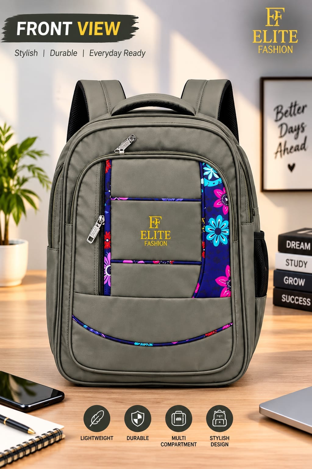 ELITE FASHION Multi-Compartment Casual Backpack – Stylish Floral Accent Daypack for College, School & Everyday Travel (Grey)