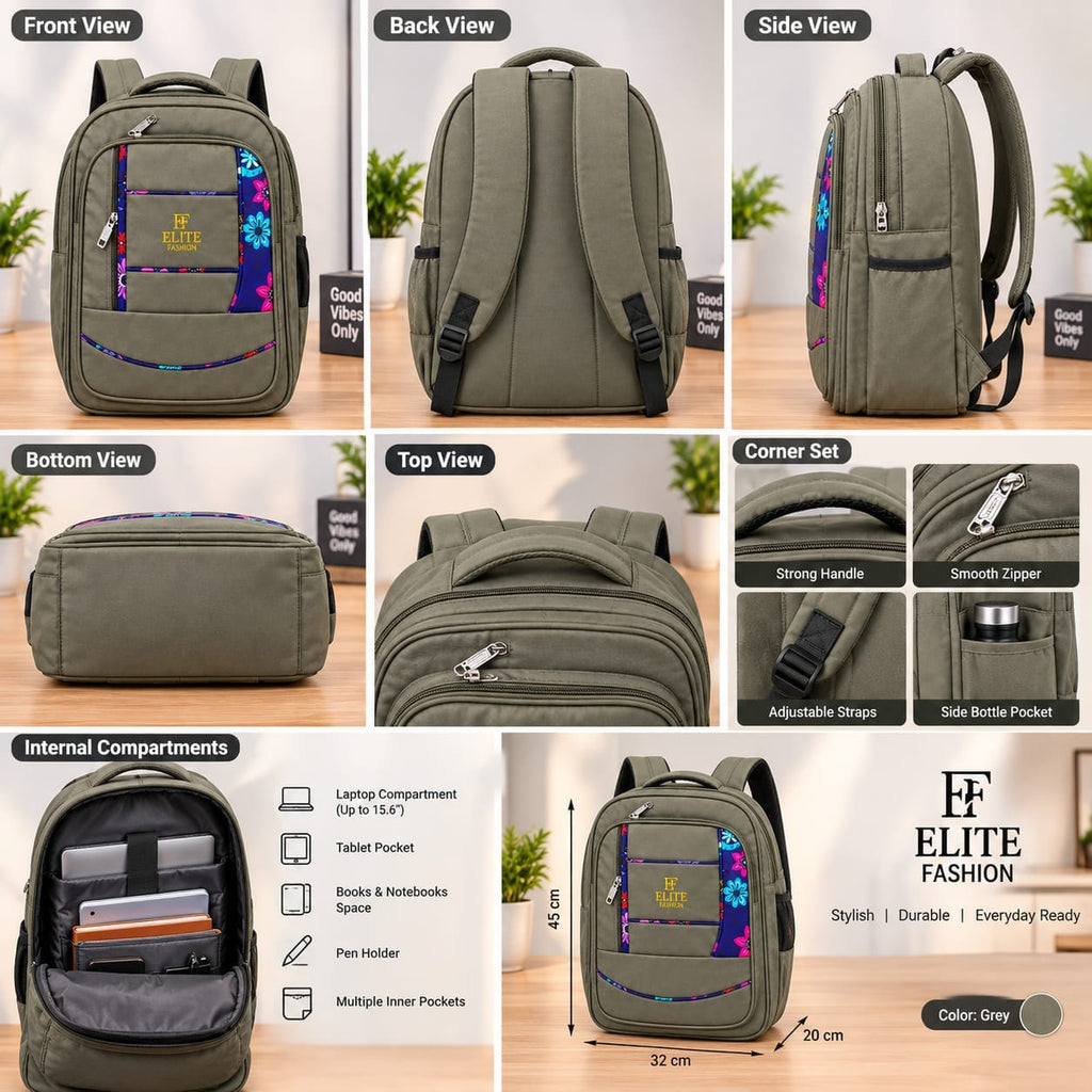 ELITE FASHION Multi-Compartment Casual Backpack – Stylish Floral Accent Daypack for College, School & Everyday Travel (Grey)