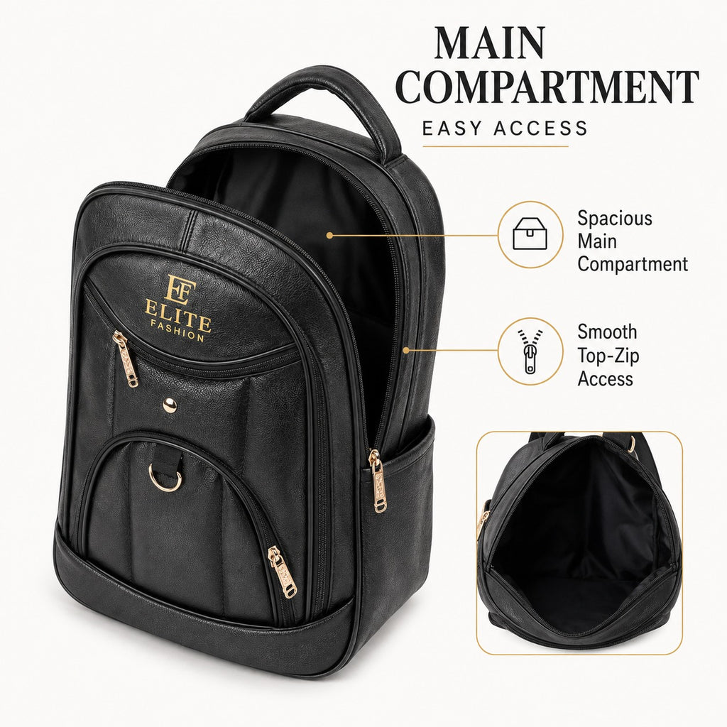 ELITE FASHION Waterproof Leatherette Travel & Office Backpack | College Bag with Side Pockets (Black)