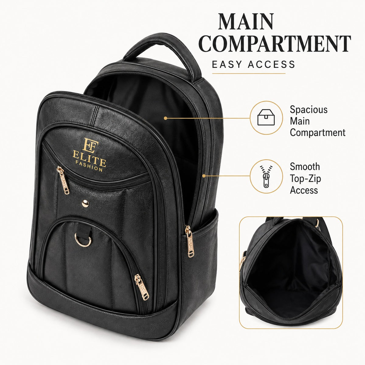 ELITE FASHION Waterproof Leatherette Travel & Office Backpack | College Bag with Side Pockets (Black)