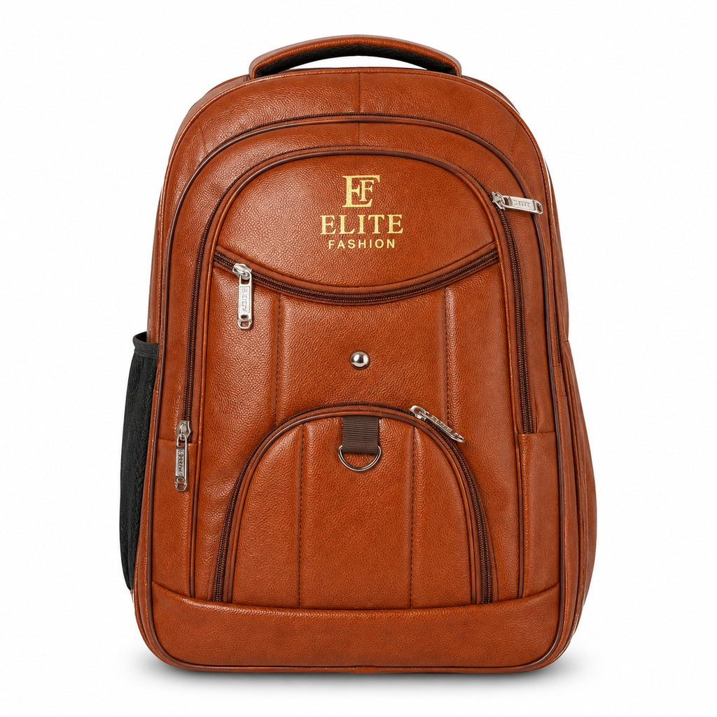 ELITE FASHION Tan Brown Faux Leather Backpack for Men & Women – Multi-Pocket Casual Laptop Daypack for College, Travel & Office