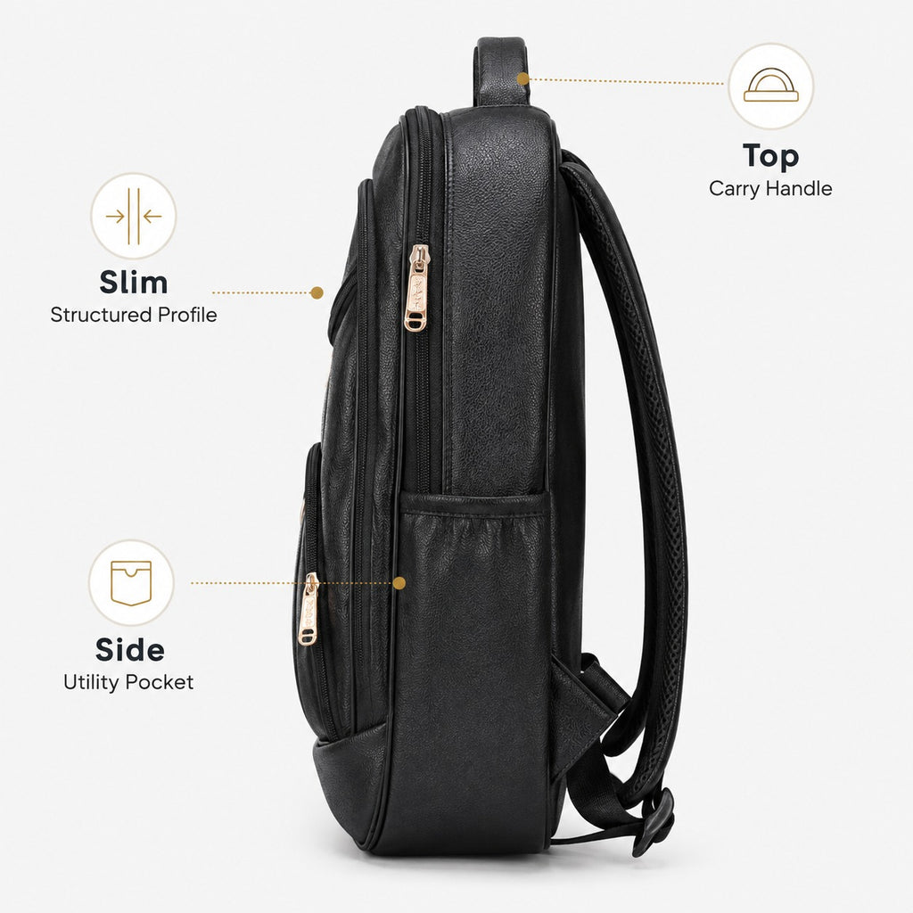 ELITE FASHION Waterproof Leatherette Travel & Office Backpack | College Bag with Side Pockets (Black)