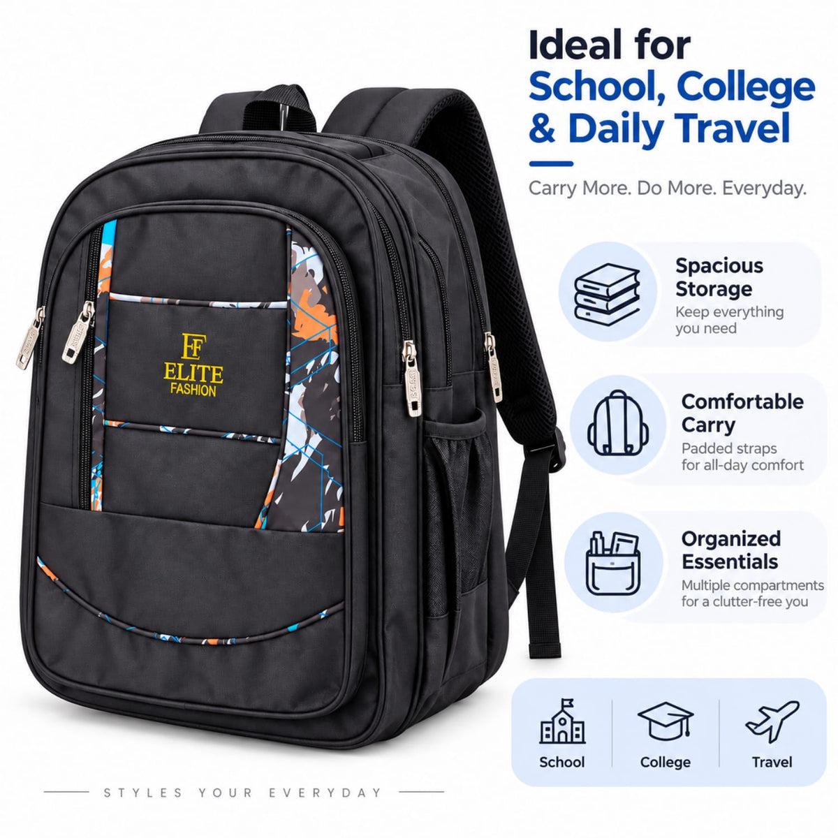 ELITE FASHION Trendy Multi-Pocket Backpack / School & College Bag for Men & Women (Black)