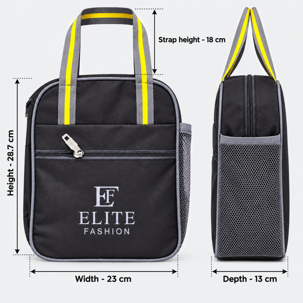 ELITE FASHION 9L Insulated Lunch Bag with Bottle Holder & Front Pocket – Thermal Meal Prep Tote for Office, Travel & School (Black)