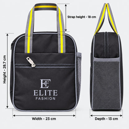 ELITE FASHION 9L Insulated Lunch Bag with Bottle Holder & Front Pocket – Thermal Meal Prep Tote for Office, Travel & School (Black)
