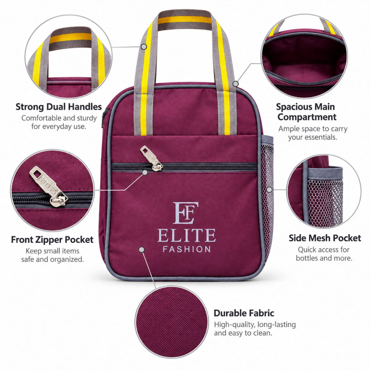 Elite Fashion Maroon Multi-Pocket Lunch Bag with Water Bottle Holder & Zipper Compartment