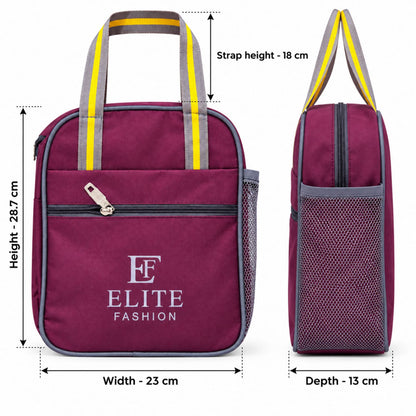 Elite Fashion Maroon Multi-Pocket Lunch Bag with Water Bottle Holder & Zipper Compartment
