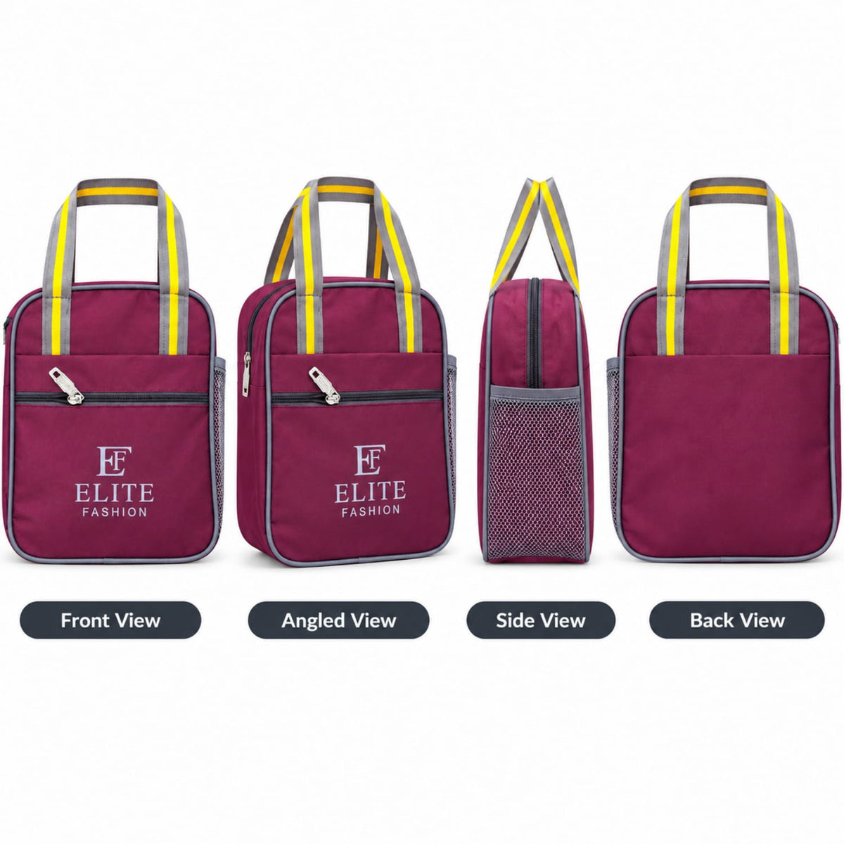 Elite Fashion Maroon Multi-Pocket Lunch Bag with Water Bottle Holder & Zipper Compartment