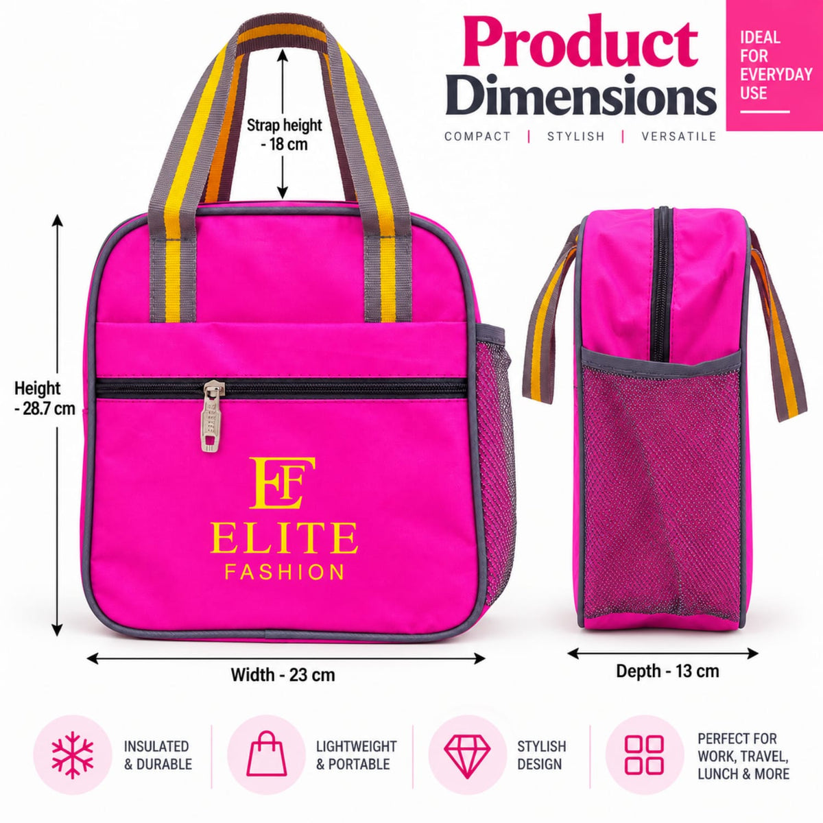 Elite Fashion  Pink  Lunch Bag with Bottle Mesh Pocket & Zipper Compartment