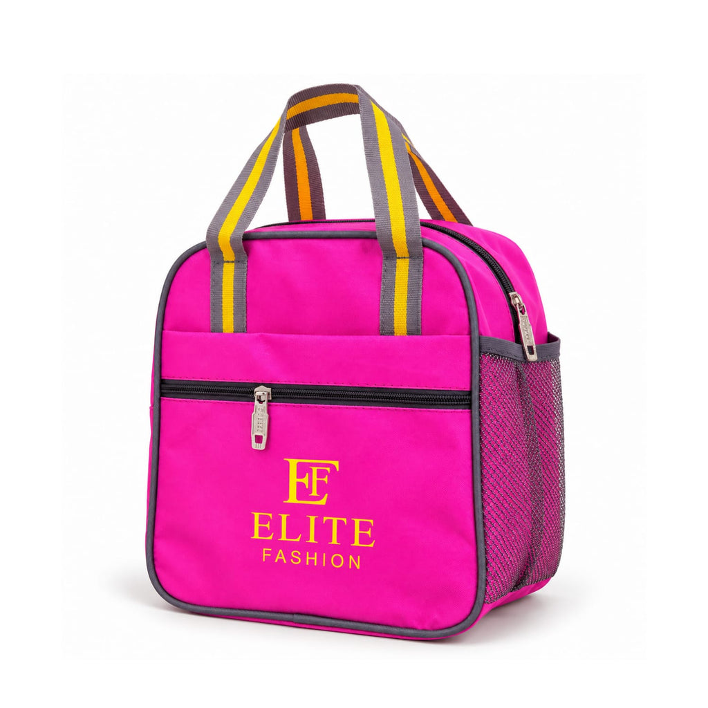 Elite Fashion  Pink  Lunch Bag with Bottle Mesh Pocket & Zipper Compartment