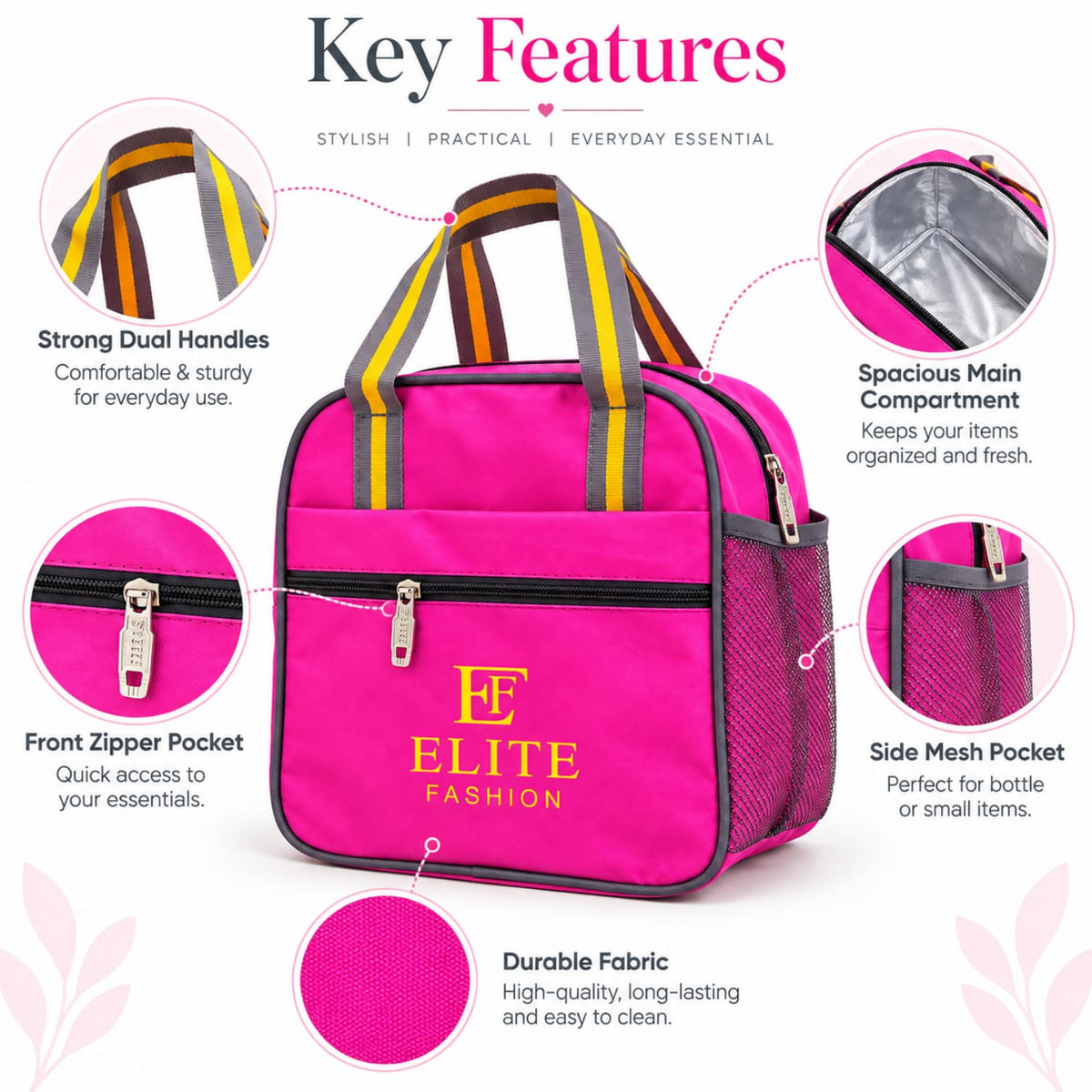 Elite Fashion  Pink  Lunch Bag with Bottle Mesh Pocket & Zipper Compartment