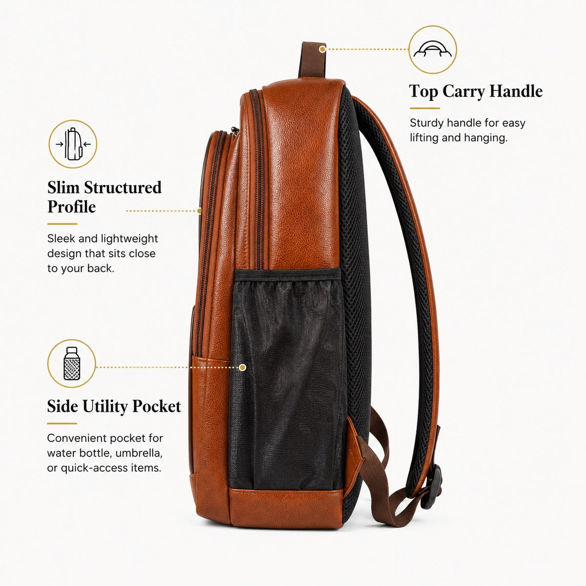 ELITE FASHION Tan Brown Faux Leather Backpack for Men & Women – Multi-Pocket Casual Laptop Daypack for College, Travel & Office