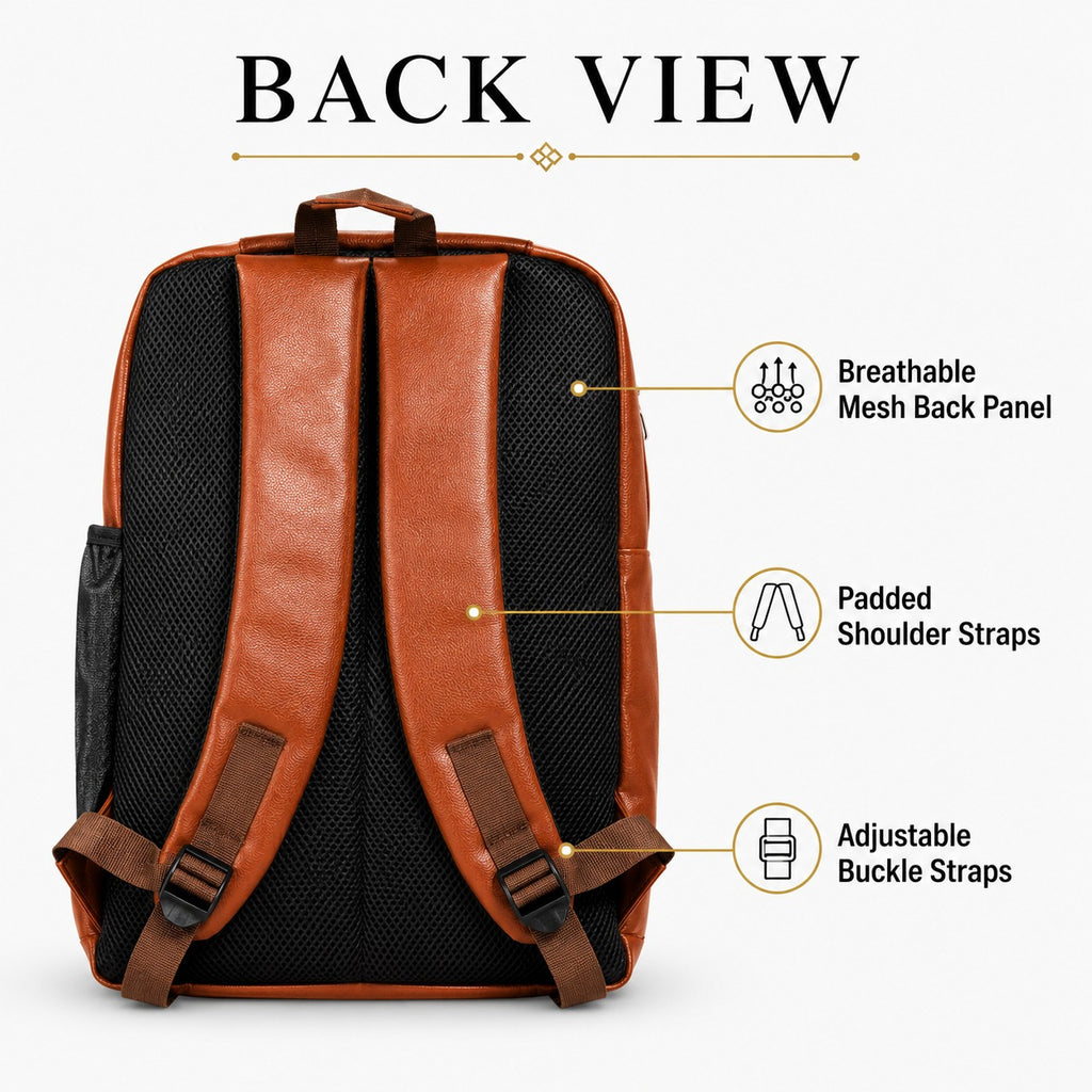 ELITE FASHION Tan Brown Faux Leather Backpack for Men & Women – Multi-Pocket Casual Laptop Daypack for College, Travel & Office